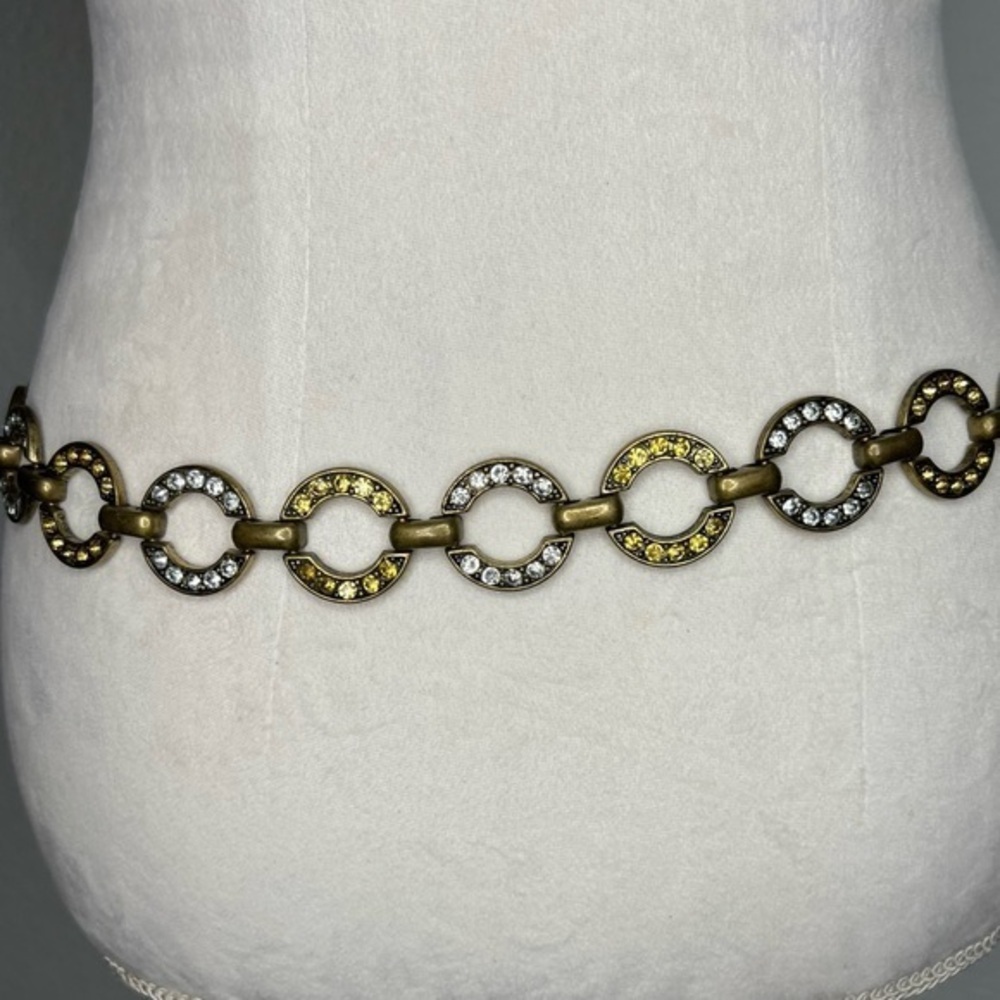 Vintage Antique Brass Gold & White Rhinestones Reversible Circle Chain Belt
